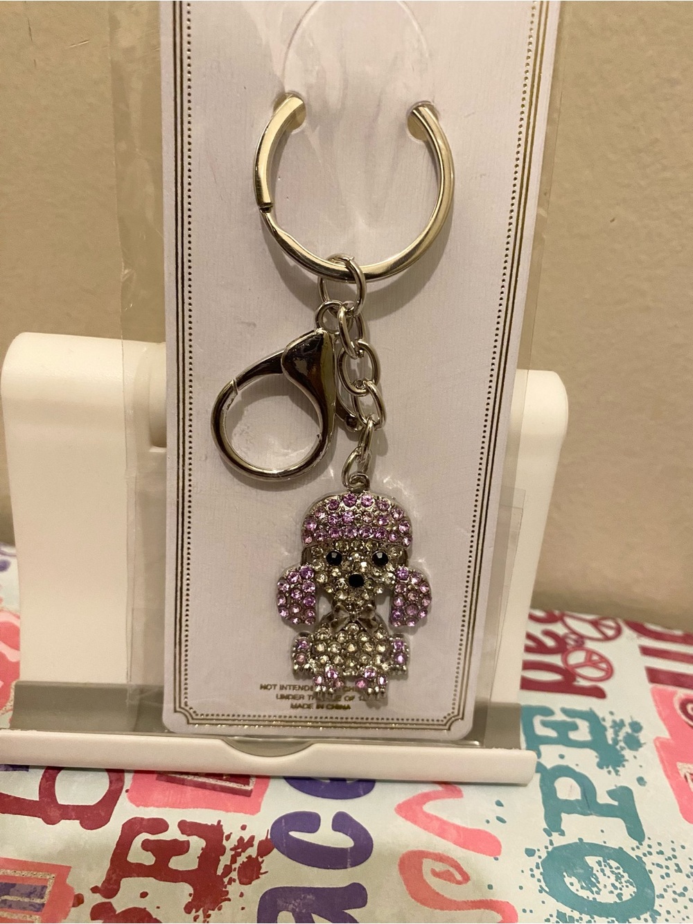 Rhinestone Poodle Keychain Bag Charm- Purple & Silver